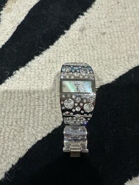 Crystal-Embellished Silver Women's Bracelet Watch with Mother-of-Pearl Dial